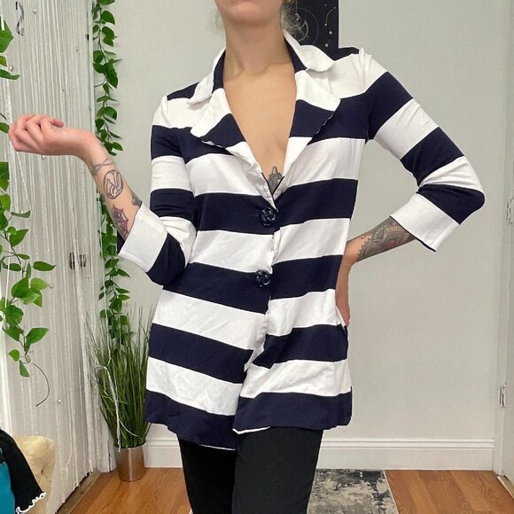 Emporio Armani Pullover Striped Button-Up Tunic Top Size 8 White/Blue - Picture 3 of 6